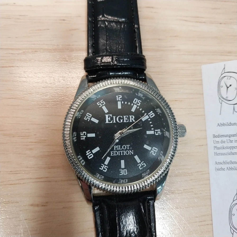 Eiger Pilot Edition Watch Mens Hand Crafted Faux Leather Strap OS Black Silver
